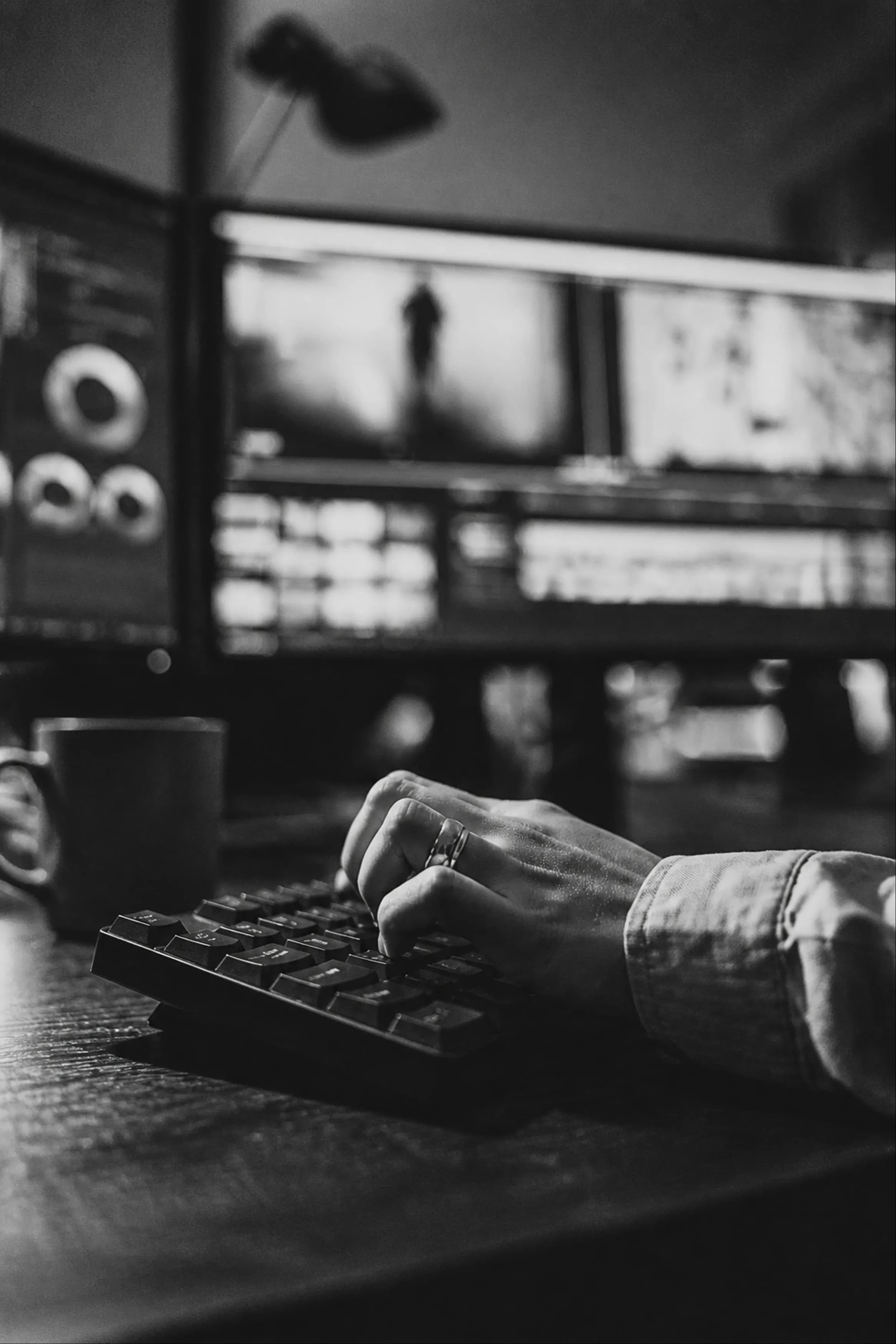A NEXTWIST editor at the keyboard, cutting a series on a multi-monitor bay